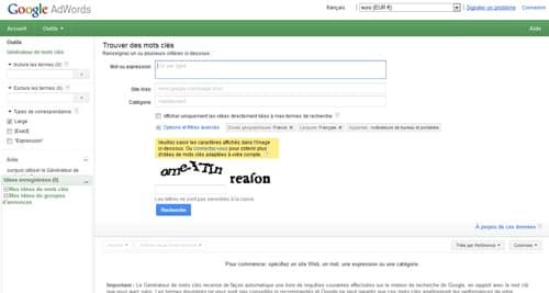 Google Adwords : Générateur de mots clés