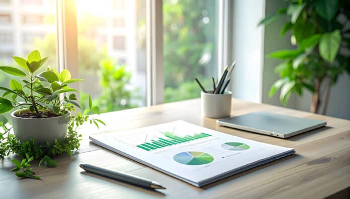 Informe financiero con gráficos verdes en espacio de trabajo lu écosystème entrepreneurial français