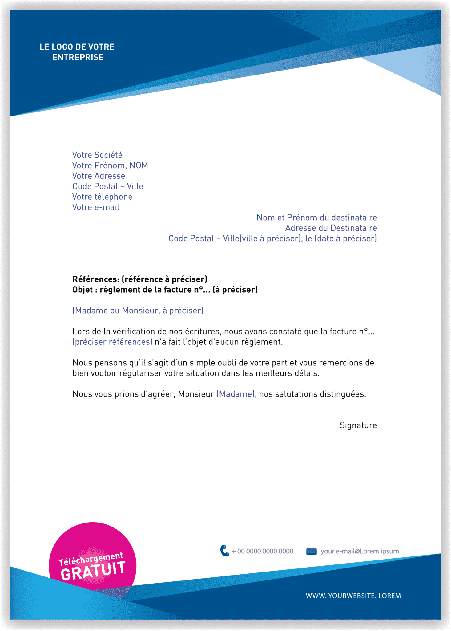 Lettre type de demande de paiement (relance 1)