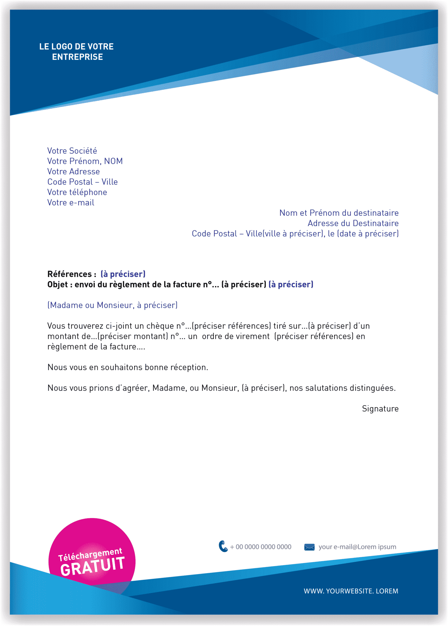 Lettre type d'un règlement