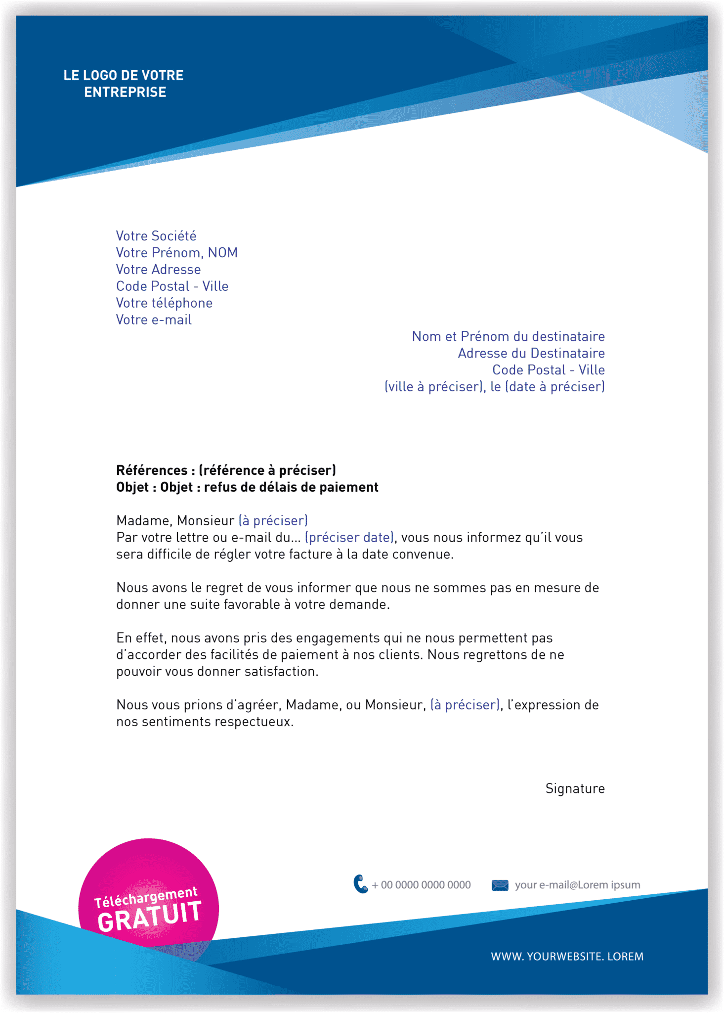 Lettre type de refus de délais de paiement