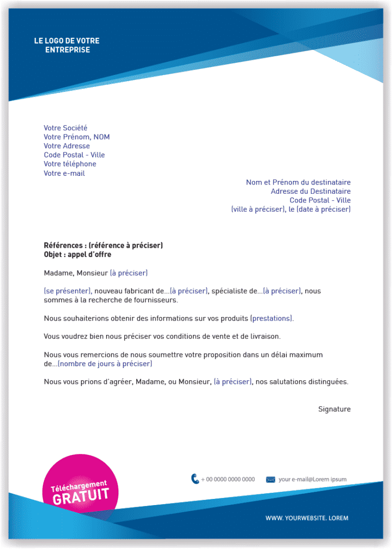 Lettre type de recherche de fournisseurs  appel d’offres