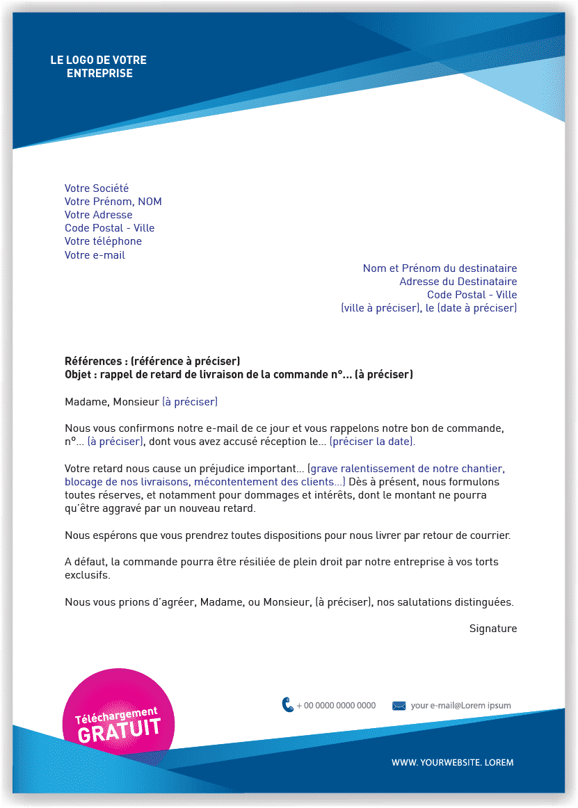 Lettre type de rappel de retard de livraison de commande