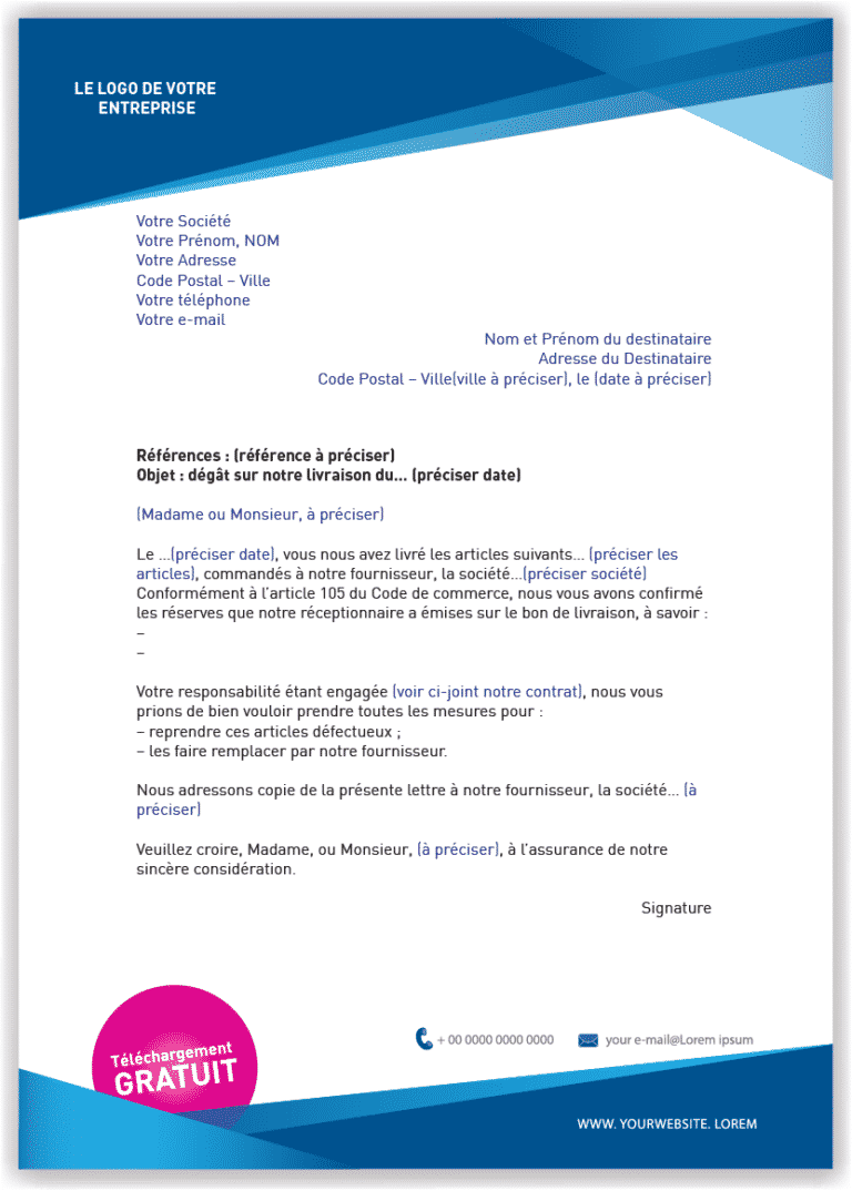 Lettre type de réserve pour marchandises