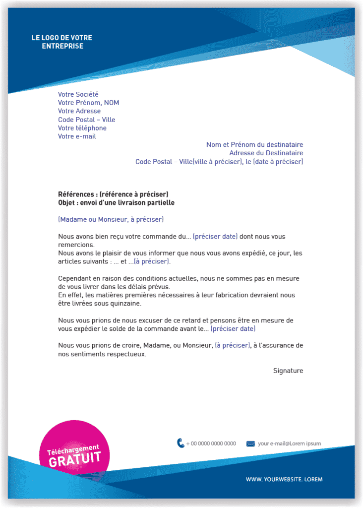 Lettre type pour annoncer à un client une livraison partielle